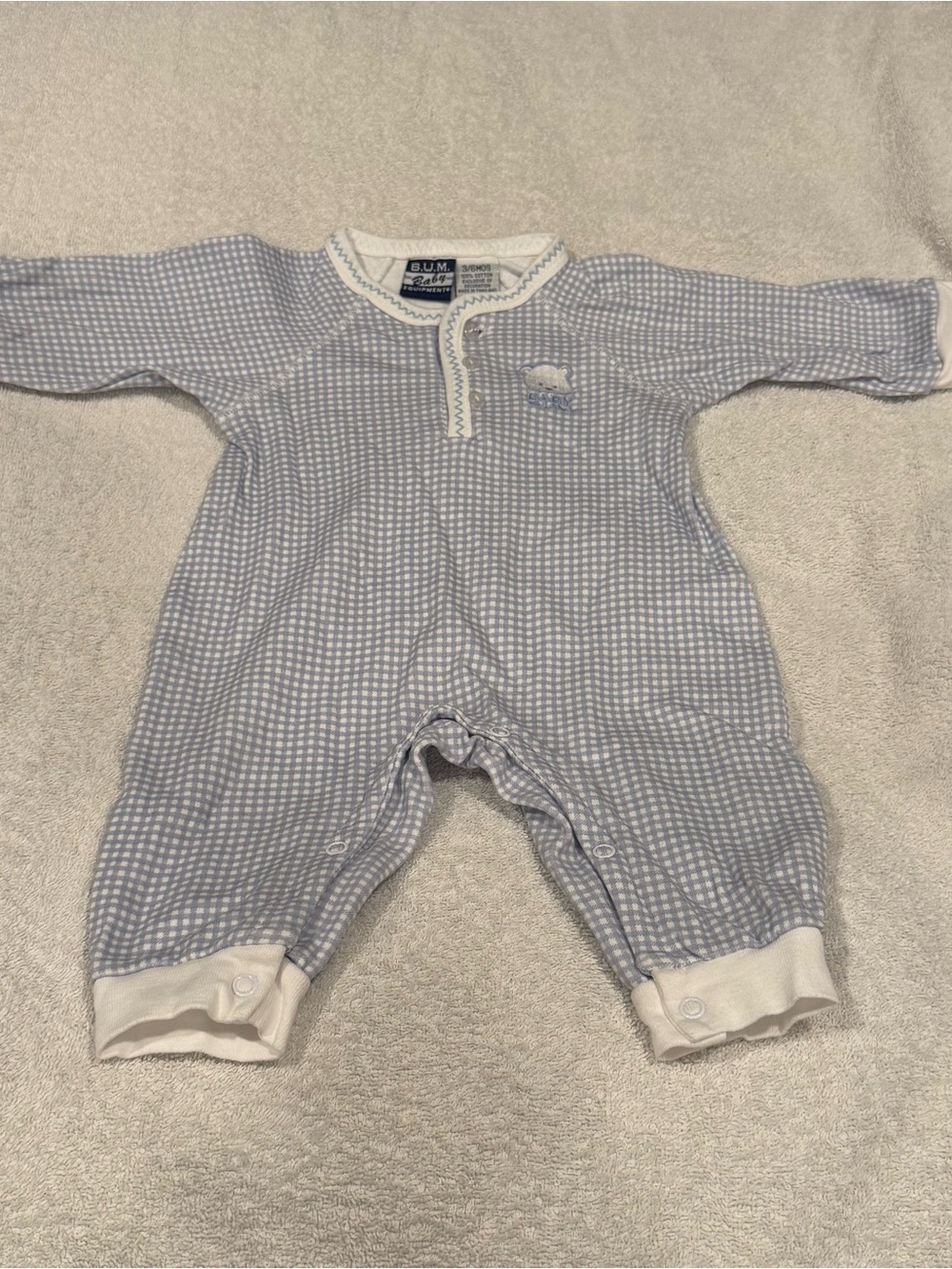 Vintage 90s Y2K Baby B.U.M. Blue Gingham Cotton Baby Romper 3-6m 100% Cotton